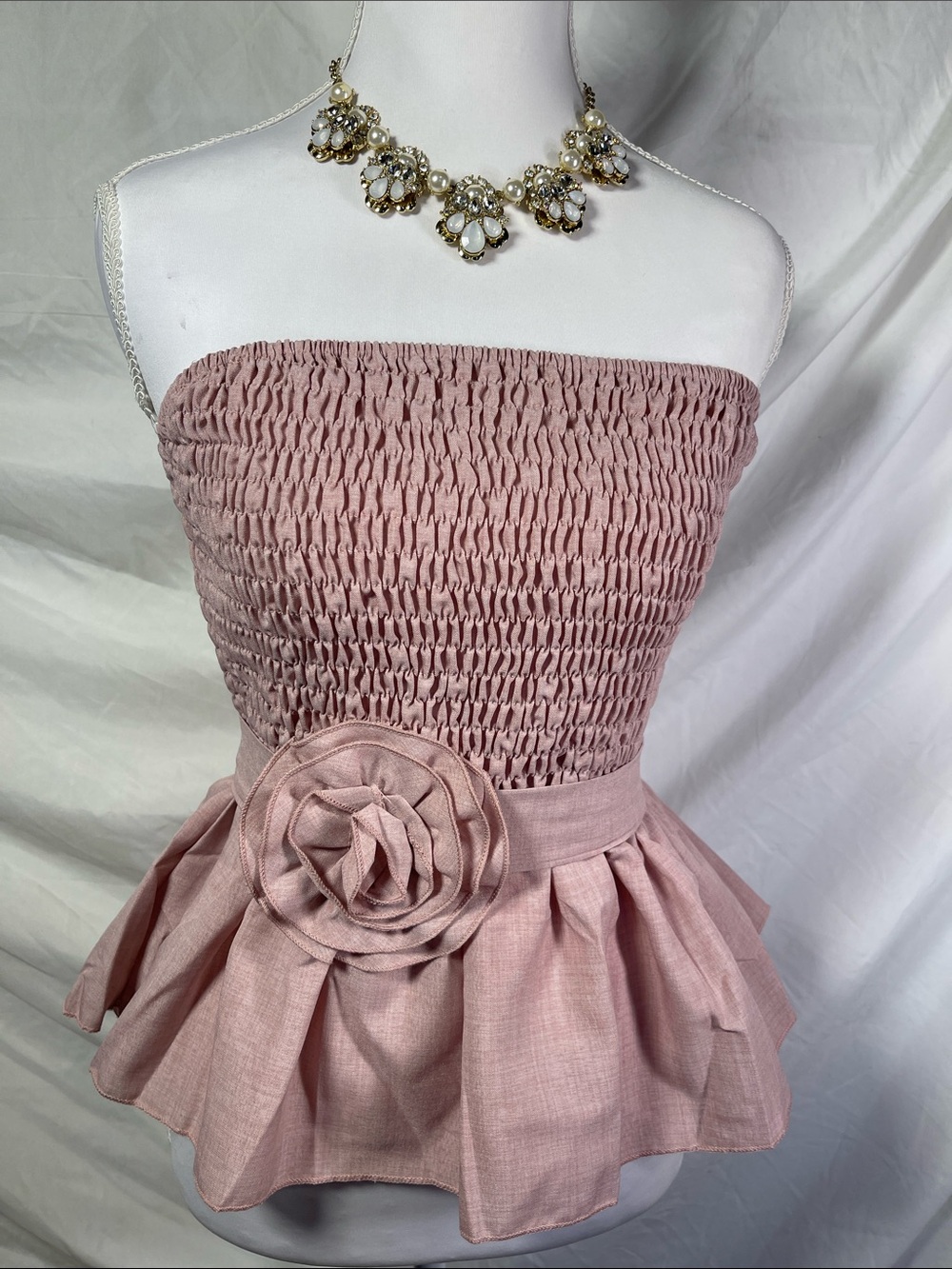 Smocked Strapless Peplum Top with Rosette - Dusty Rose